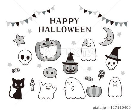 ハロウィーンのイラストセット ジャックオランタン お化け 黒猫 ガイコツ お菓子 ハロウィーンのイラストセット ジャックオランタン お化け 黒猫 ガイコツ お菓子 127110400