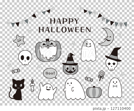 ハロウィーンのイラストセット ジャックオランタン お化け 黒猫 ガイコツ お菓子 ハロウィーンのイラストセット ジャックオランタン お化け 黒猫 ガイコツ お菓子 127110400