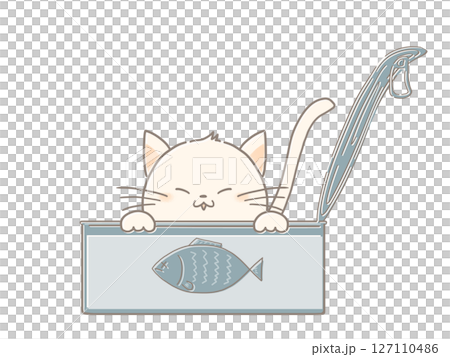 Illustration of a white cat peeking out of a tuna can Illustration of a white cat peeking out of a tuna can 127110486