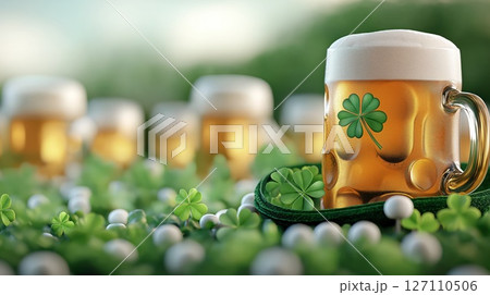 Mugs of freshly brewed beer in field of shamrock, with copy space  127110506