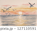 水平線に沈む夕日とカモメの飛翔 127110591