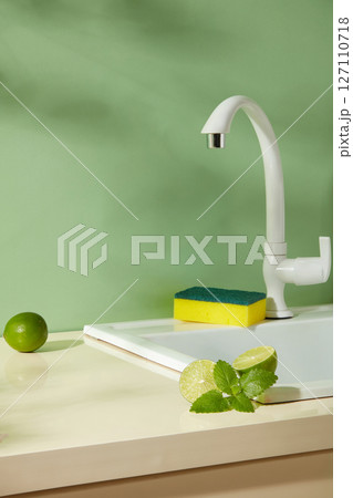 A yellow sponge sits by a kitchen sink with fresh limes. Bright light and clean surfaces give a refreshing and tidy feeling to the space. Cleansing product with ingredient from lime 127110718