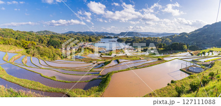 《佐賀県》大浦の棚田・伊万里湾をのぞむ田園風景 127111088