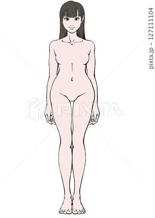 若い女性の全身正面立ちポーズ_裸_スリム 127111104