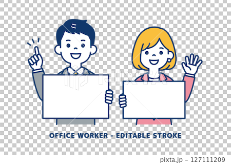 Vector illustration material of a businessman holding a flip chart and explaining_Men and women set 127111209