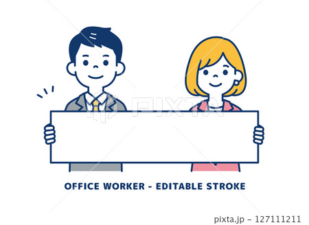 長いボードを持って説明する、ビジネスマンのベクターイラスト素材＿男女セット 127111211