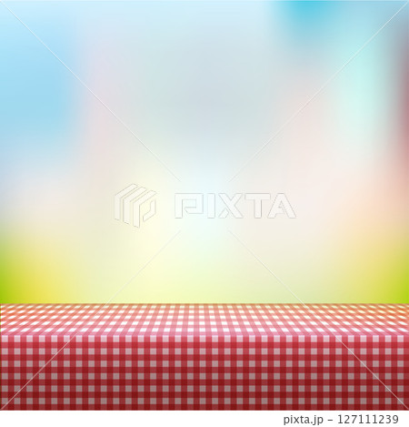 Picnic Table with Checkered Cloth - Summer Outdoor Background. Vector 127111239