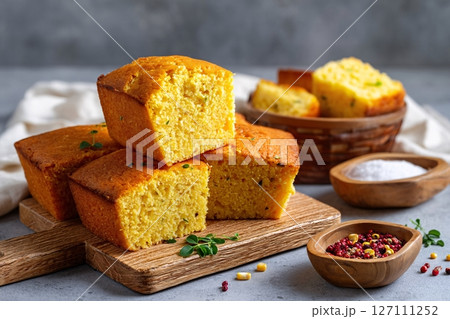 tempting cornbread in the rustic corner on a white background, in a clean food photography style 127111252