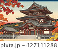 秋の日の佇まい - 重厚な神社と色づく三重塔 127111288