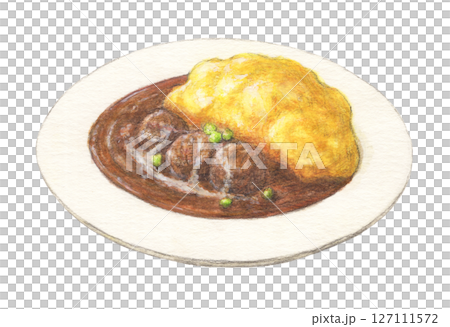 Beef stew omelet rice watercolor pencil illustration 127111572