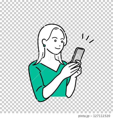 Illustration material of a young woman checking information on a smartphone 127112320