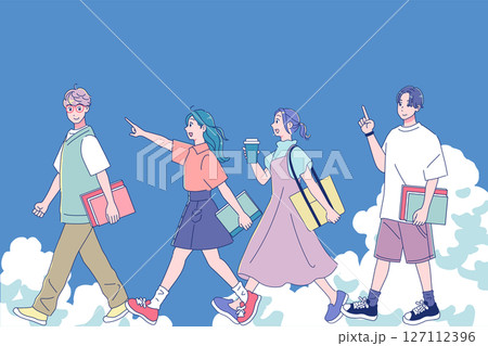 楽しく前向きに歩く男女、夏雲の背景 127112396