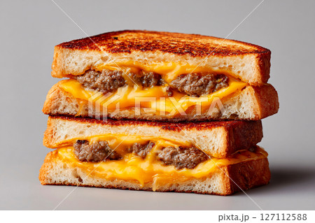 tempting patty melt in the minimalist corner on a light gray background 127112588