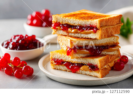 tempting peanut butter and jelly sandwich in the rustic corner on a cream background tempting peanut butter and jelly sandwich in the rustic corner on a cream background 127112590