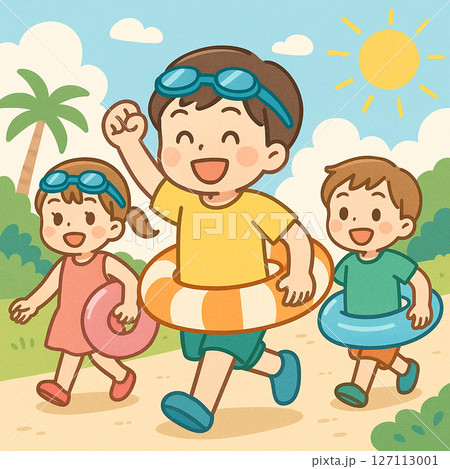 楽しそうに泳ぎに行く子供たち 127113001