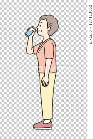 Full-body illustration of a senior woman drinking water 127113052