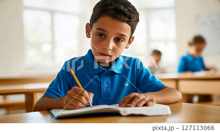 A young boy in a blue polo shirt writing in a notebook at his desk in a bright classroom A young boy in a blue polo shirt writing in a notebook at his desk in a bright classroom 127113066