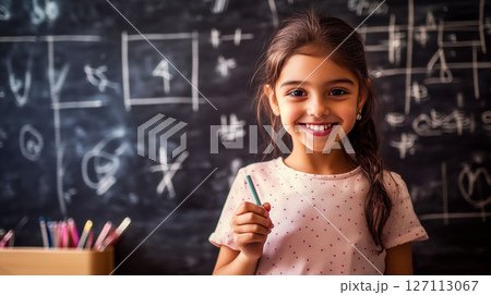 A cheerful young girl holding chalk in front of a blackboard filled with math equations A cheerful young girl holding chalk in front of a blackboard filled with math equations 127113067