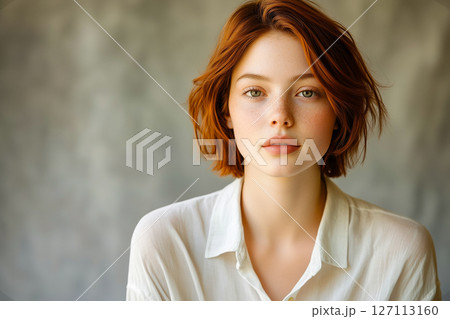 Neutral studio portrait of a young woman with red hair, natural freckles, and a soft expression, wearing a white shirt and set against a muted background 127113160