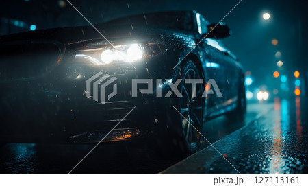 A close-up of a luxury car with headlights on a rainy night, with reflections on the wet road 127113161