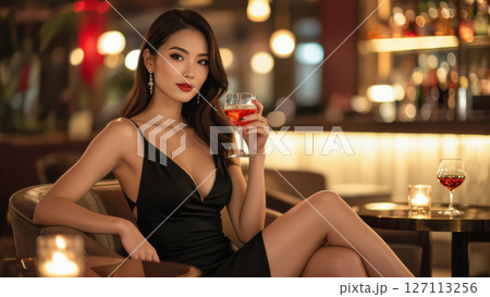 高級バーでワイングラスを持つ黒いドレスの女性 127113256
