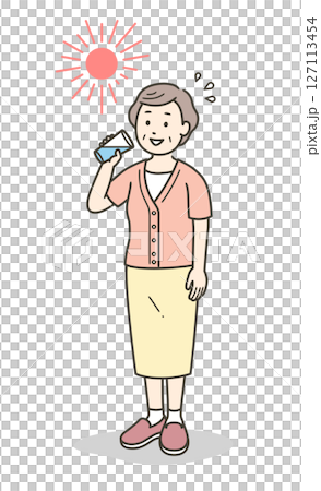 Full-body illustration of a senior woman hydrating in the scorching heat Full-body illustration of a senior woman hydrating in the scorching heat 127113454