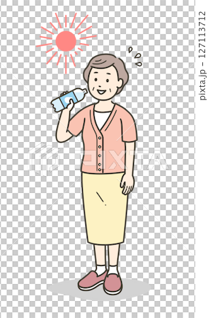 一位高級婦女在酷熱的烈日下補水的全身插圖 一位高級婦女在酷熱的烈日下補水的全身插圖 127113712