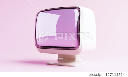 Retro futuristic tv with purple screen and minimalist design on pink background 127113724