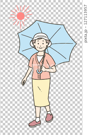 一位老婦人在烈日下撐著陽傘的全身圖 一位老婦人在烈日下撐著陽傘的全身圖 127113957