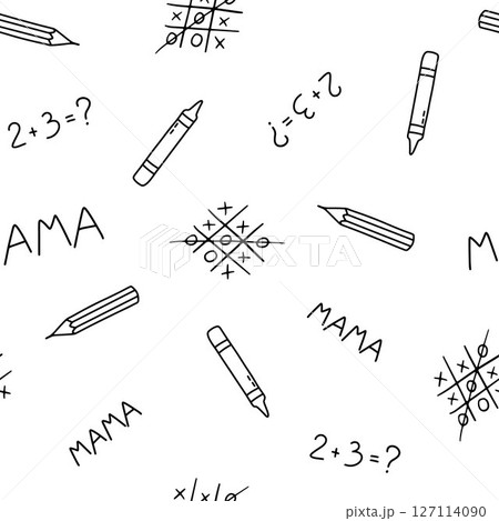 Seamless pattern with cute children pencil inscriptions. Vector outline monochrome doodle illustrations on white background for kids and nursery 127114090