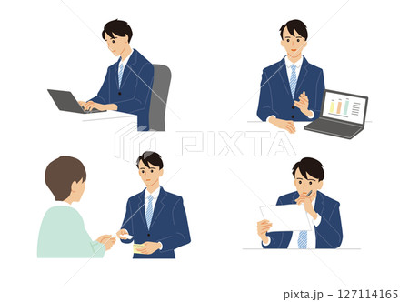ビジネスシーンセット：名刺交換・打合せ・デスクワーク 127114165