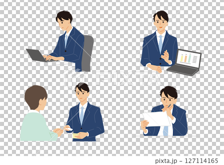 ビジネスシーンセット：名刺交換・打合せ・デスクワーク 127114165