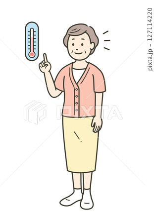 温度計を見て室内の温度管理をする高齢女性のイラスト 温度計を見て室内の温度管理をする高齢女性のイラスト 127114220