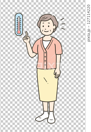 温度計を見て室内の温度管理をする高齢女性のイラスト 温度計を見て室内の温度管理をする高齢女性のイラスト 127114220