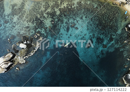 Aerial View of Tropical Bay with Crystal Clear Turquoise Water and Swimmers Aerial View of Tropical Bay with Crystal Clear Turquoise Water and Swimmers 127114222