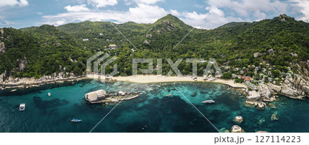 erial Panoramic View of Tropical Island Beach with Turquoise Sea and Lush Green Mountains erial Panoramic View of Tropical Island Beach with Turquoise Sea and Lush Green Mountains 127114223