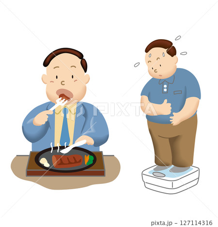 暴飲暴食をして体重が気になる中年男性 暴飲暴食をして体重が気になる中年男性 127114316