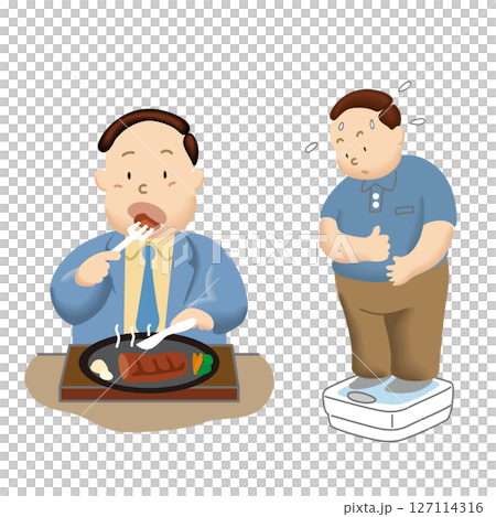 一名中年男子因暴飲暴食而擔心自己的體重 127114316