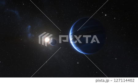 Cosmic View of Two Planets Orbiting a Distant Star in a Starry Night Sky with Nebula Background 127114402