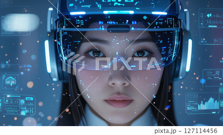 スマートARヘッドセットとホログラムUIを装着した未来的な少女 127114456