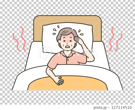 ベッドで寝ている高齢女性が熱帯夜に寝苦しそうにしているイラスト 127114510