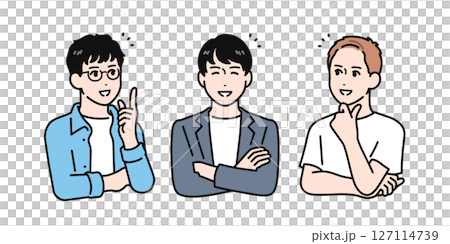 一個簡單的向量插圖，一個年輕人微笑著和朋友交談 127114739