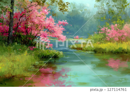 森の中の水辺に咲く桜 AI画像 森の中の水辺に咲く桜 AI画像 127114761