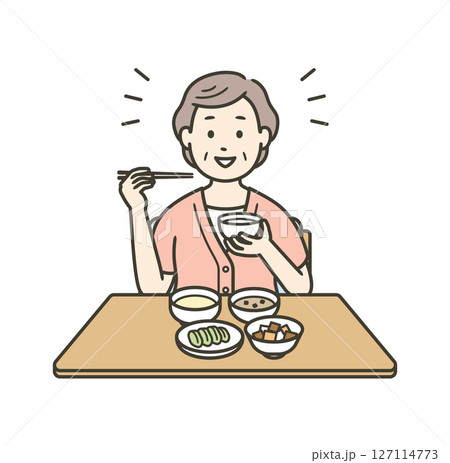 健康的な食事をする半袖の服を着た笑顔の高齢女性のイラスト 健康的な食事をする半袖の服を着た笑顔の高齢女性のイラスト 127114773