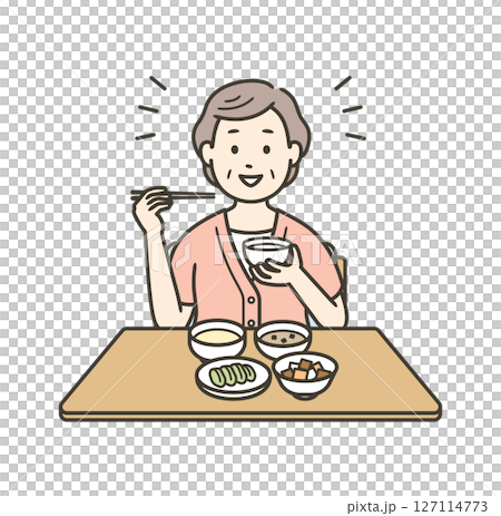 健康的な食事をする半袖の服を着た笑顔の高齢女性のイラスト 健康的な食事をする半袖の服を着た笑顔の高齢女性のイラスト 127114773
