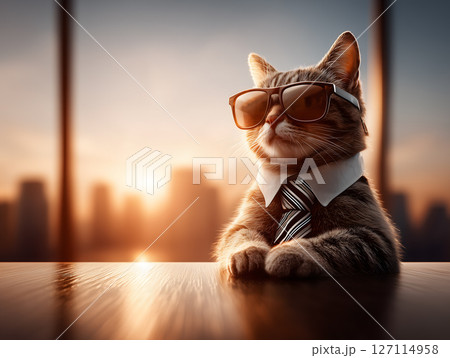 Stylish cat wearing sunglasses and tie, sitting confidently at table with city skyline in background during sunset 127114958