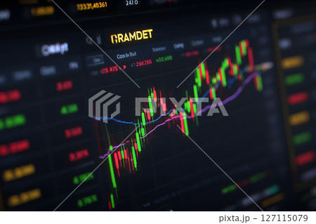 Stock market trading digital graph displaying financial data with vibrant candlestick patterns and indicators, reflecting market trends 127115079