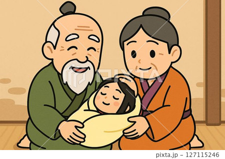 赤ちゃんのかぐや姫を抱く翁と嫗 127115246