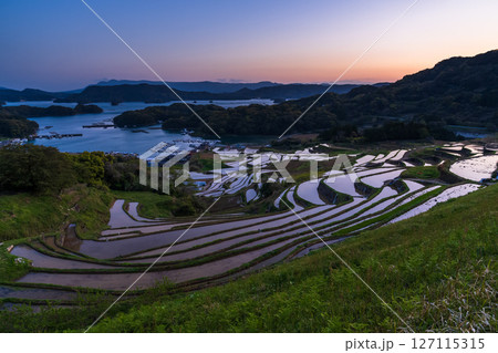 《佐賀県》大浦の棚田・伊万里湾をのぞむ田園風景 127115315