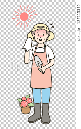 Illustration of an elderly woman who suffered heatstroke while gardening in the summer Illustration of an elderly woman who suffered heatstroke while gardening in the summer 127115359